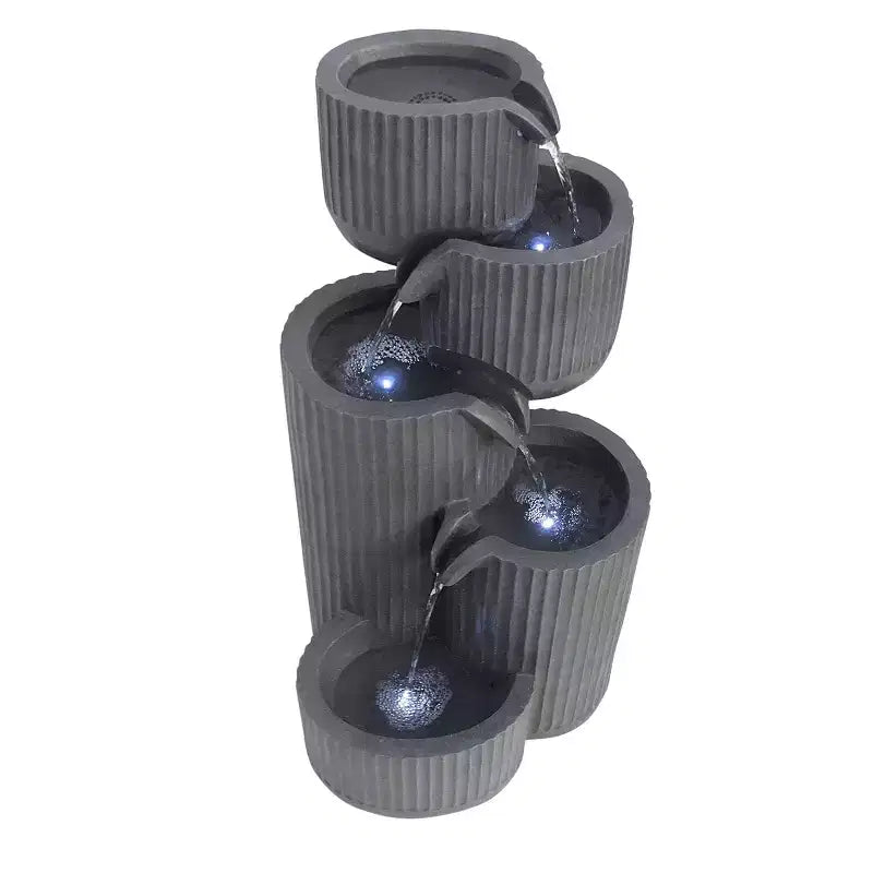 Fontaine jardinière cinq niveaux gris ondulé : fontaine extérieure lumineuse à LED