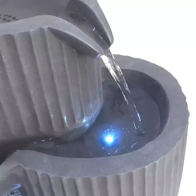 Fontaine jardinière cinq niveaux gris ondulé : fontaine extérieure lumineuse à LED