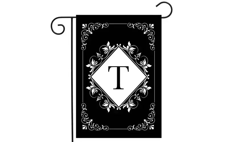 Drapeau de jardin double face, 30x45 cm, adapté à une utilisation en extérieur, drapeau de jardin lettre T noir et blanc.