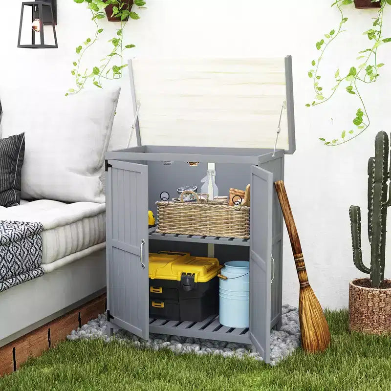 Cabane de jardin extérieure, abri de jardin en bois, avec plateau en métal, étagères et 2 portes.