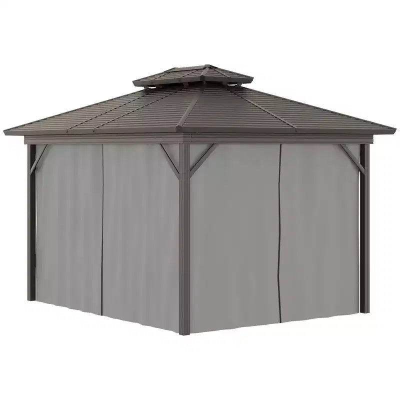 Tonnelle de jardin en métal à toit rigide avec parois latérales grillagées et rideaux, tonnelle à double toit