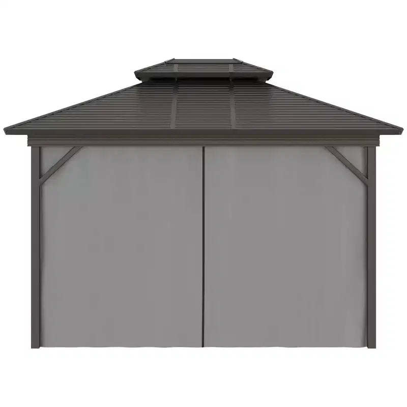Tonnelle de jardin en métal à toit rigide avec parois latérales grillagées et rideaux, tonnelle à double toit