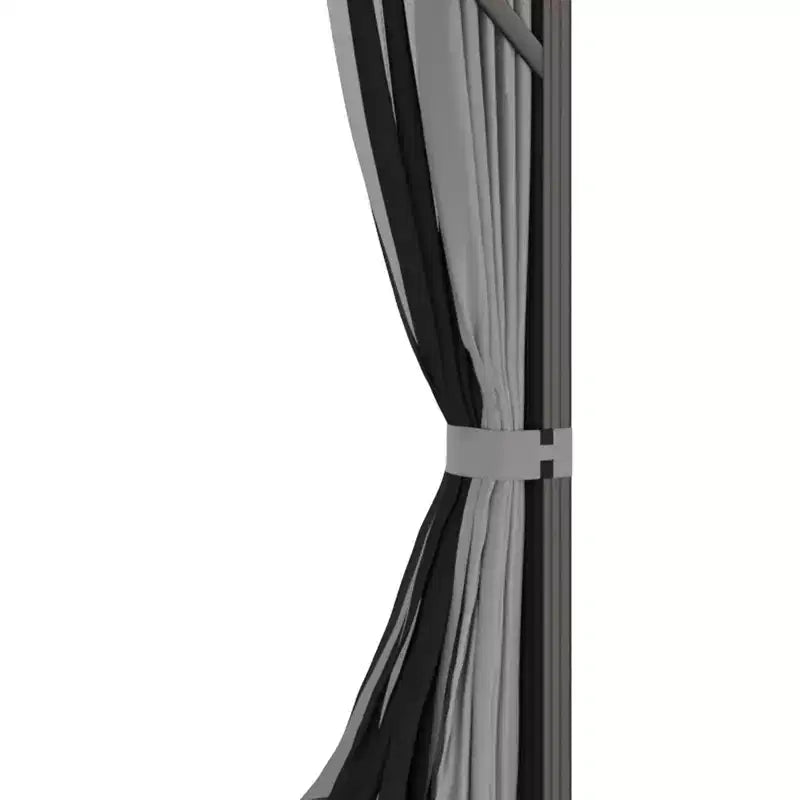 Tonnelle de jardin en métal à toit rigide avec parois latérales grillagées et rideaux, tonnelle à double toit