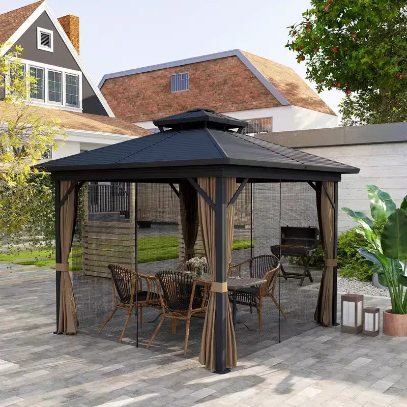 Tonnelle de jardin en métal à toit rigide avec parois latérales grillagées et rideaux, tonnelle à double toit