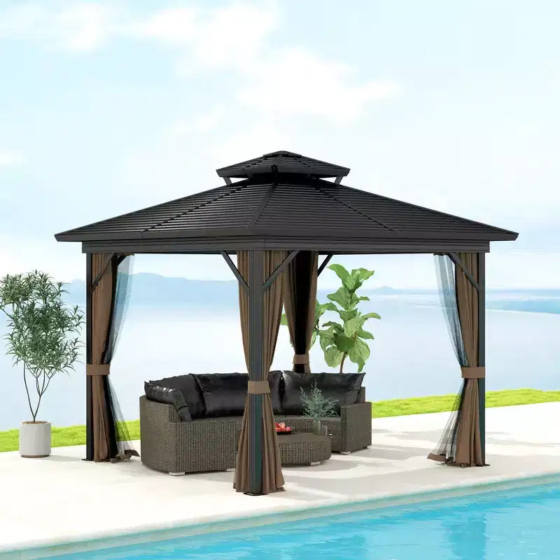Tonnelle de jardin en métal à toit rigide avec parois latérales grillagées et rideaux, tonnelle à double toit