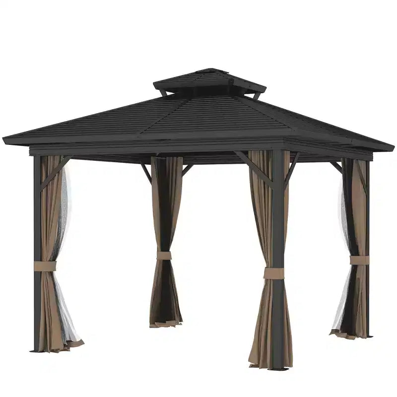 Tonnelle de jardin en métal à toit rigide avec parois latérales grillagées et rideaux, tonnelle à double toit