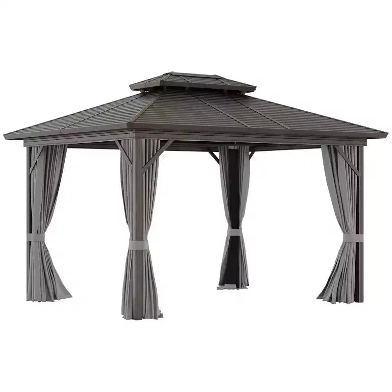 Tonnelle de jardin en métal à toit rigide avec parois latérales grillagées et rideaux, tonnelle à double toit
