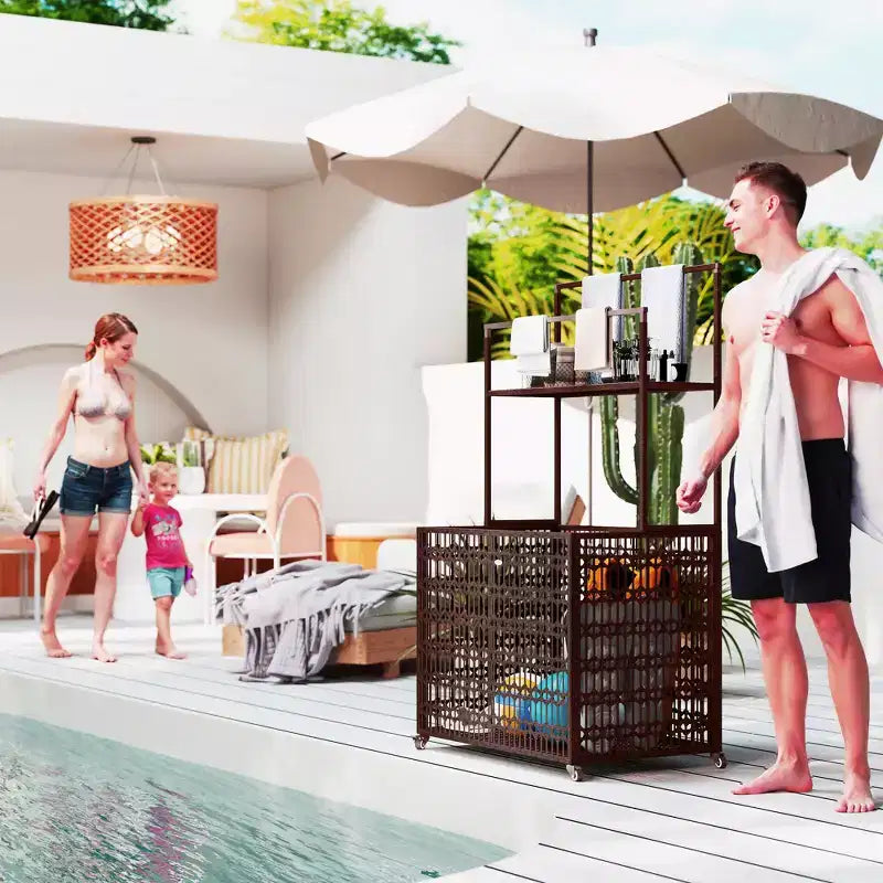 Support de bouées de piscine en rotin, support de bouées de piscine en rotin PE, chariot de piscine à roulettes
