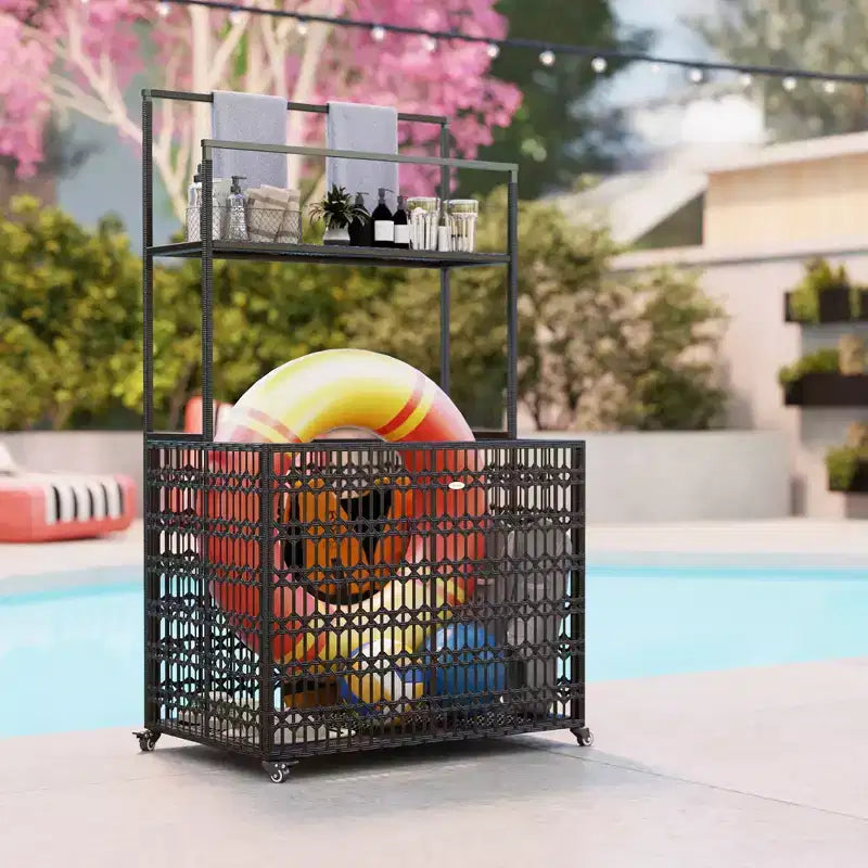 Support de bouées de piscine en rotin, support de bouées de piscine en rotin PE, chariot de piscine à roulettes