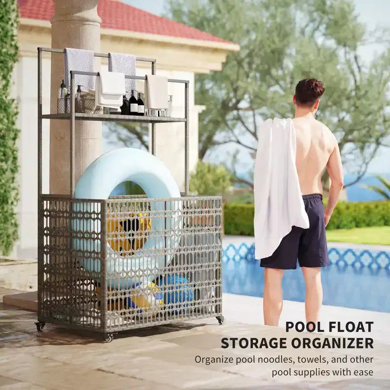 Range-flotteurs de piscine en osier, fabriqués en rotin synthétique (PE), avec panier et porte-serviettes.