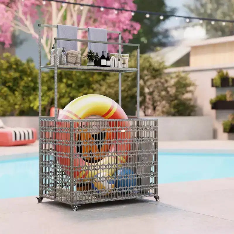 Range-flotteurs de piscine en osier, fabriqués en rotin synthétique (PE), avec panier et porte-serviettes.