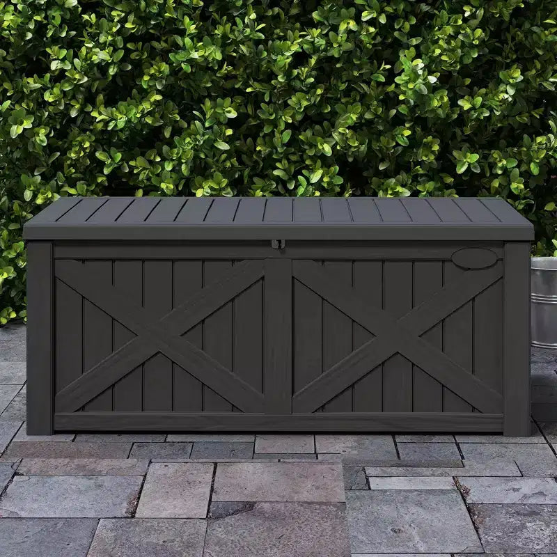Grand coffre de rangement de 120 gallons pour terrasse, panneau avant en X, banc de rangement rembourré et étanche.