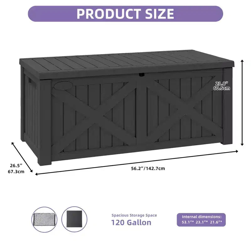 Grand coffre de rangement de 120 gallons pour terrasse, panneau avant en X, banc de rangement rembourré et étanche.