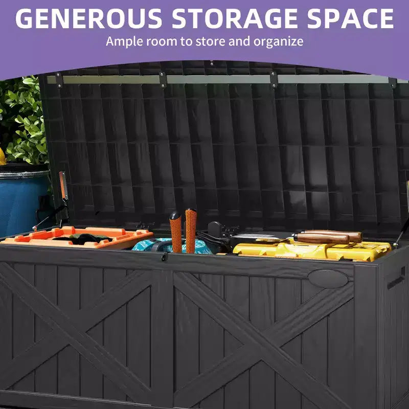 Grand coffre de rangement de 120 gallons pour terrasse, panneau avant en X, banc de rangement rembourré et étanche.