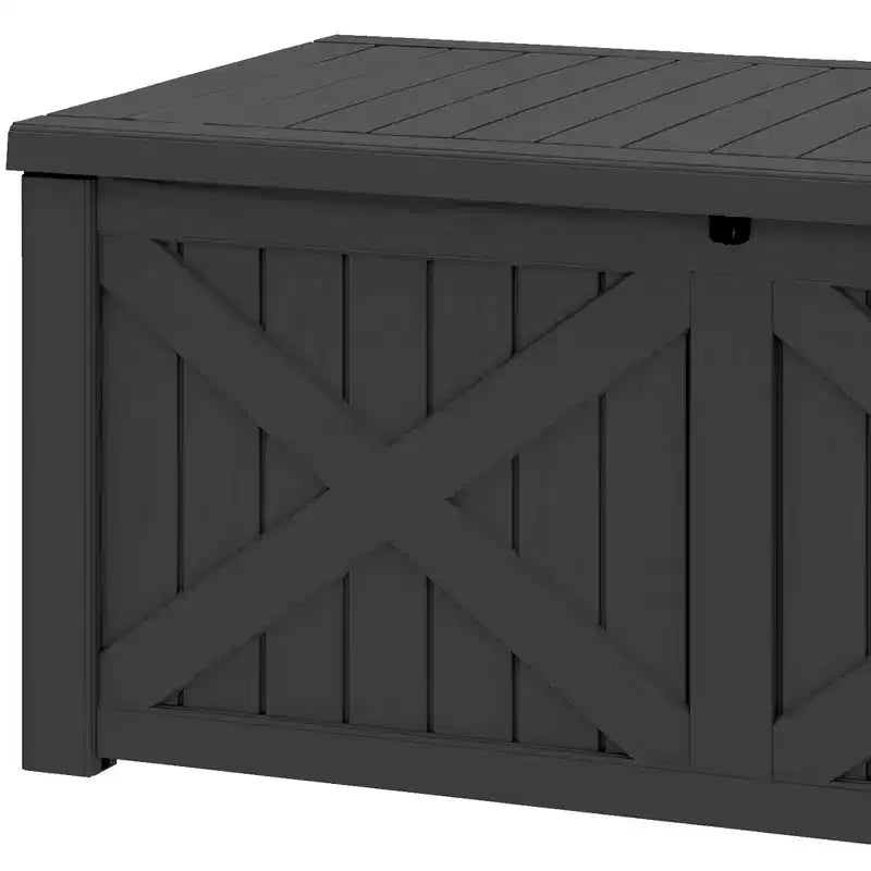 Grand coffre de rangement de 120 gallons pour terrasse, panneau avant en X, banc de rangement rembourré et étanche.