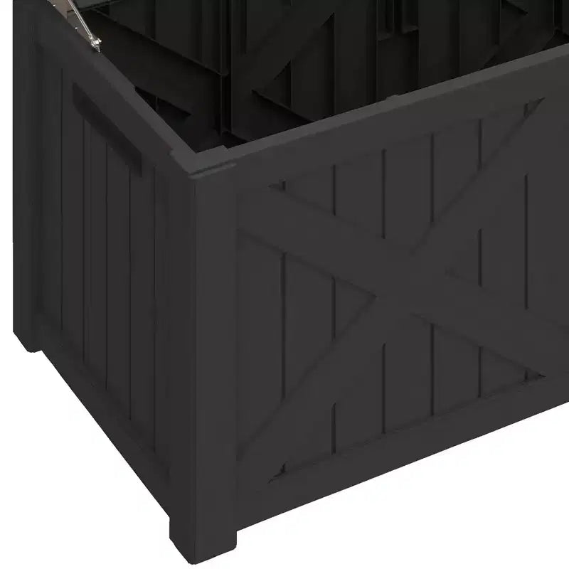Grand coffre de rangement de 120 gallons pour terrasse, panneau avant en X, banc de rangement rembourré et étanche.
