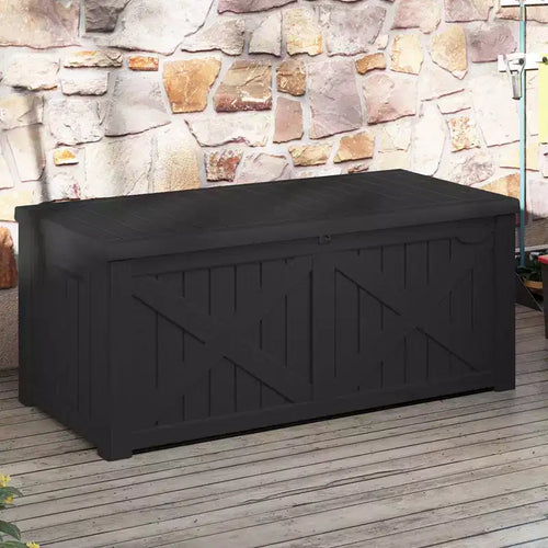Grand coffre de rangement de 120 gallons pour terrasse, panneau avant en X, banc de rangement rembourré et étanche.