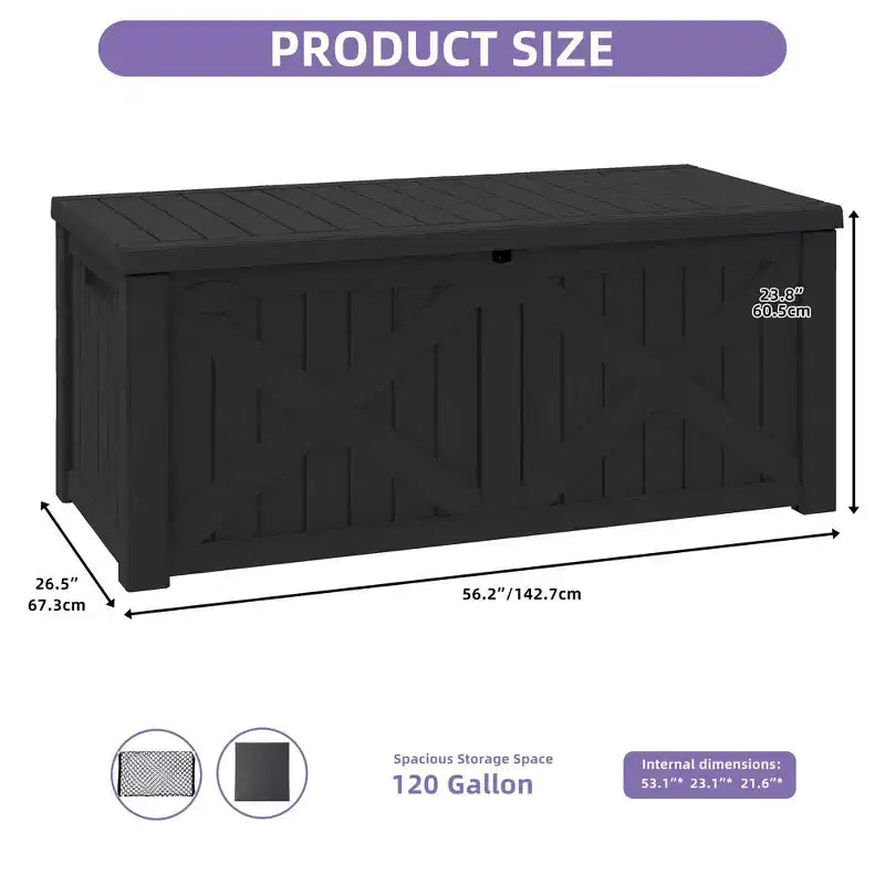 Grand coffre de rangement de 120 gallons pour terrasse, panneau avant en X, banc de rangement rembourré et étanche.