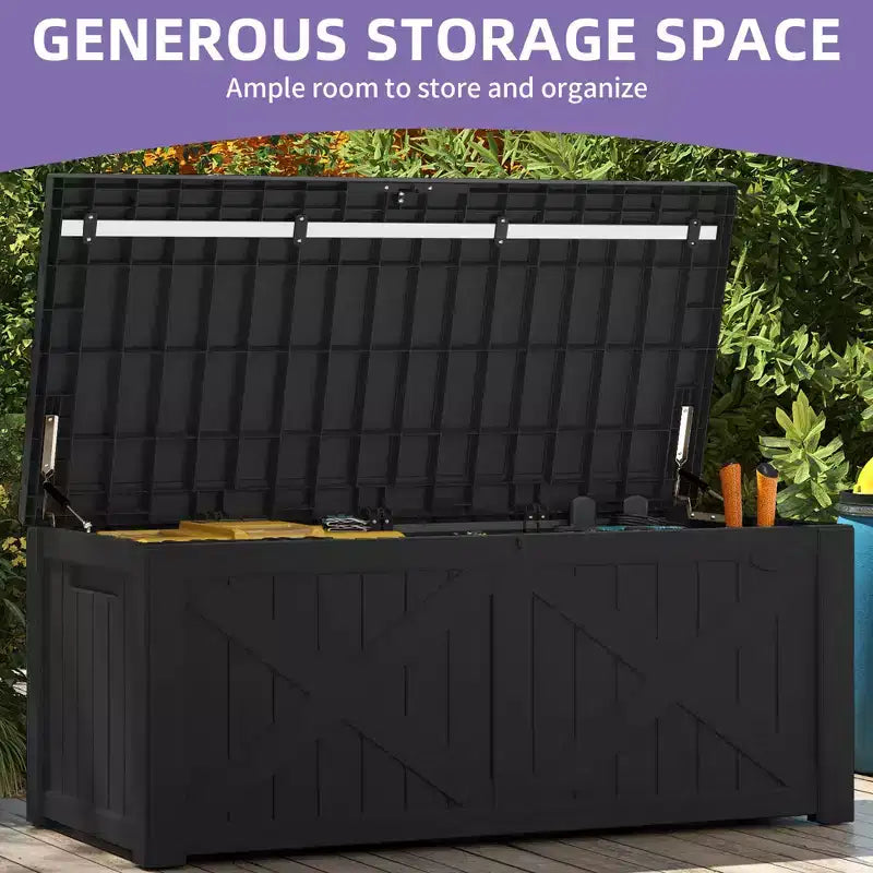 Grand coffre de rangement de 120 gallons pour terrasse, panneau avant en X, banc de rangement rembourré et étanche.