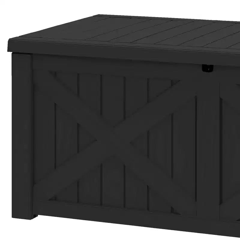 Grand coffre de rangement de 120 gallons pour terrasse, panneau avant en X, banc de rangement rembourré et étanche.