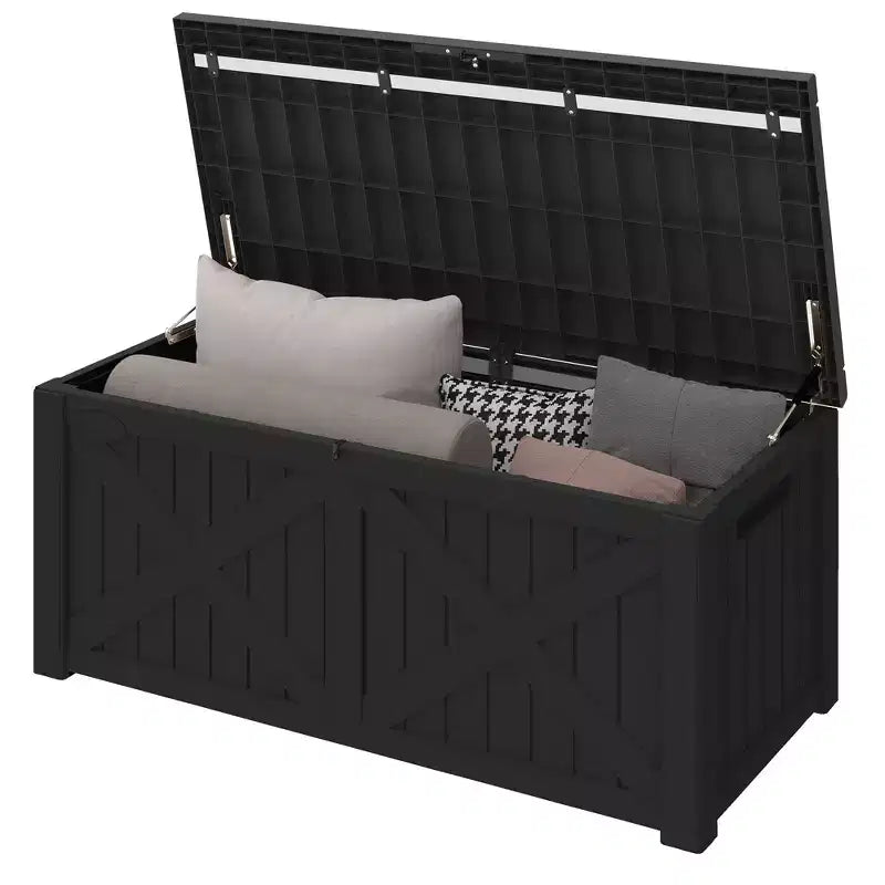 Grand coffre de rangement de 120 gallons pour terrasse, panneau avant en X, banc de rangement rembourré et étanche.
