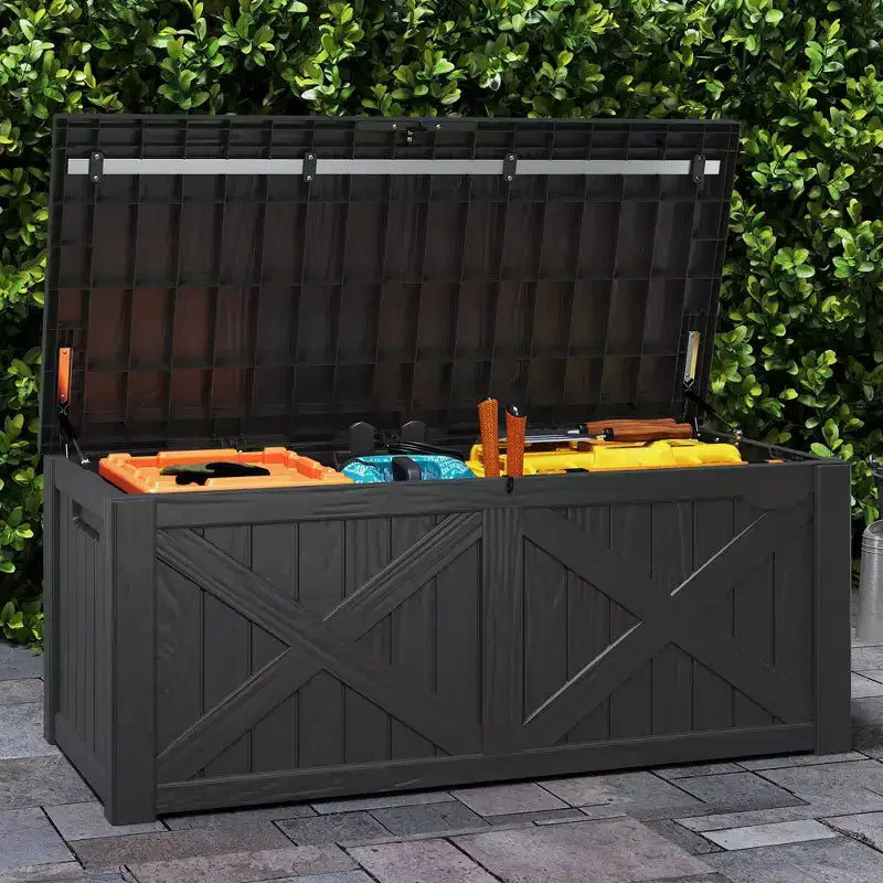 Grand coffre de rangement de 120 gallons pour terrasse, panneau avant en X, banc de rangement rembourré et étanche.