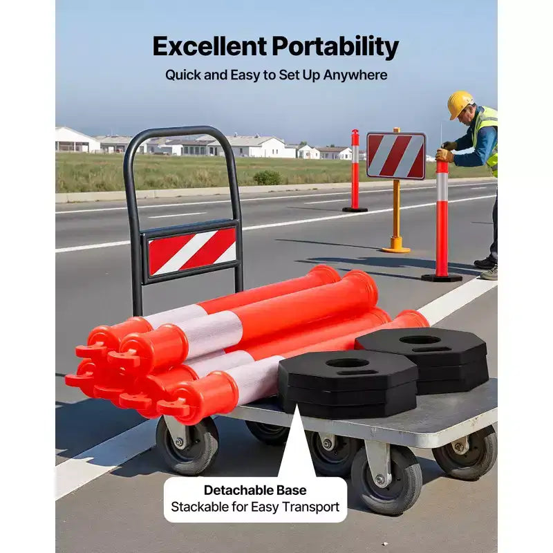 Poteaux de signalisation, cônes de signalisation, avec bases lestées et bandes réfléchissantes