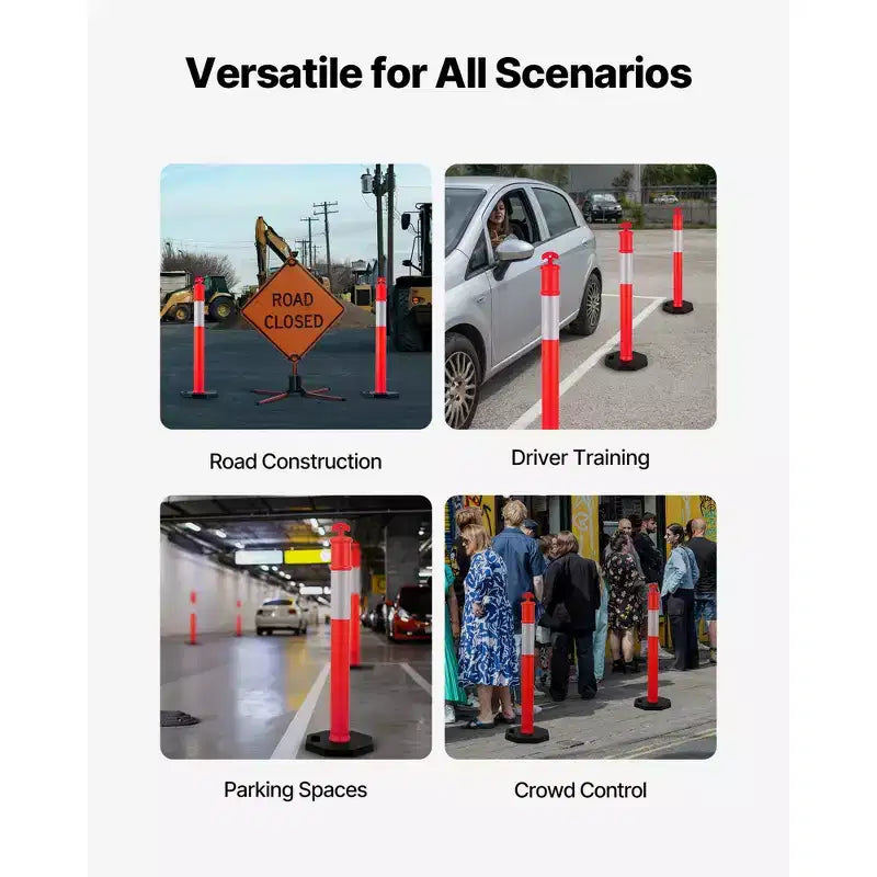Poteaux de signalisation, cônes de signalisation, avec bases lestées et bandes réfléchissantes