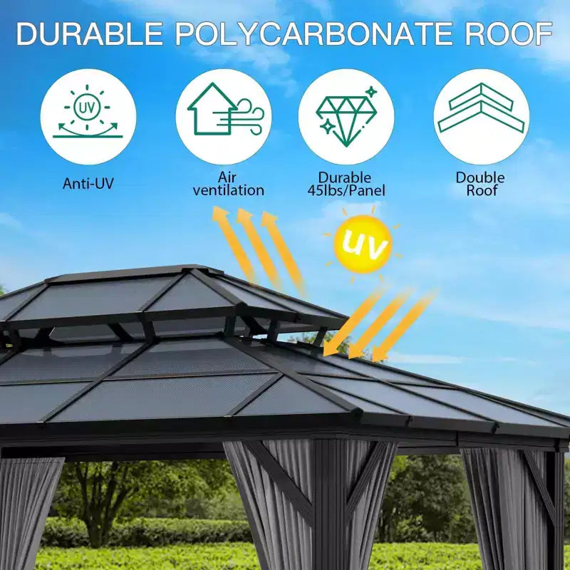 Tonnelle à toit rigide, toit en polycarbonate double couche, cadre en alliage d'aluminium