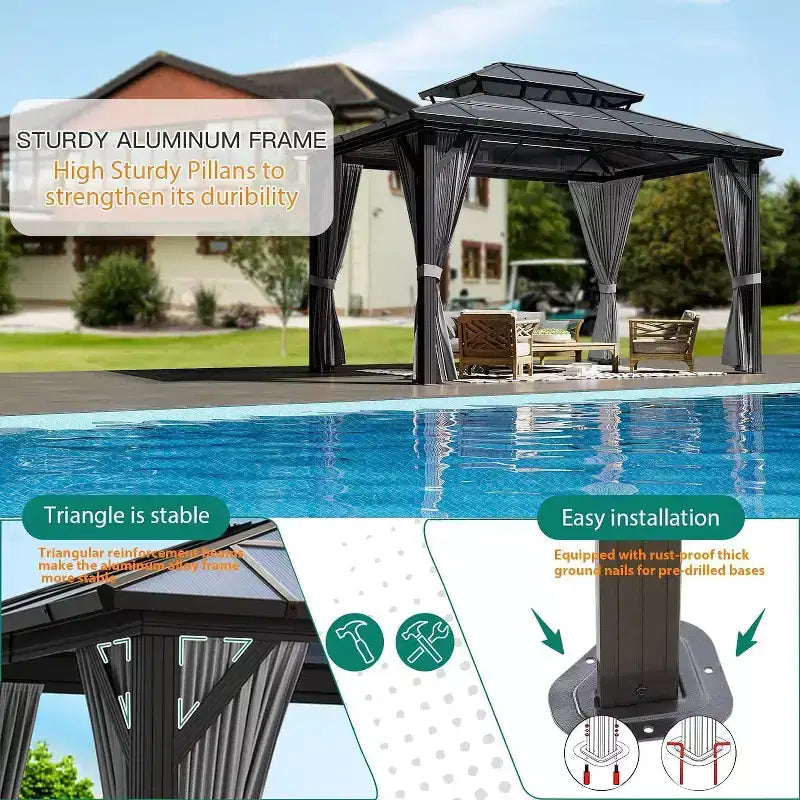 Tonnelle à toit rigide, toit en polycarbonate double couche, cadre en alliage d'aluminium