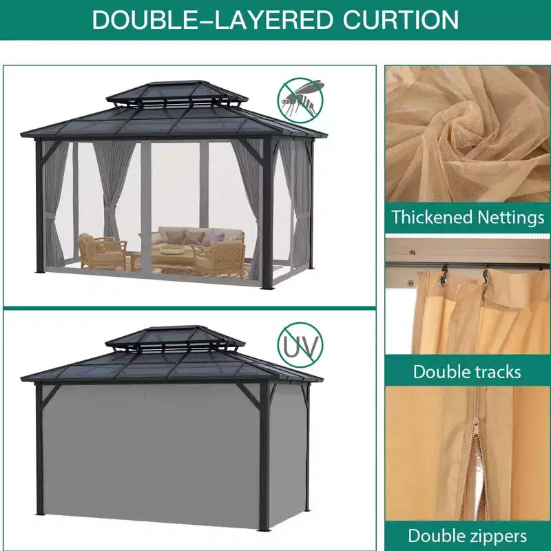 Tonnelle à toit rigide, toit en polycarbonate double couche, cadre en alliage d'aluminium