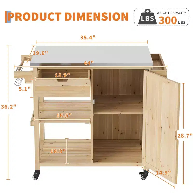 Chariot de barbecue extérieur en bois avec plateau en acier inoxydable, armoire de rangement et roues verrouillables.