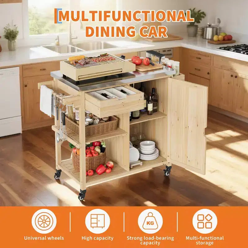 Chariot de barbecue extérieur en bois avec plateau en acier inoxydable, armoire de rangement et roues verrouillables.
