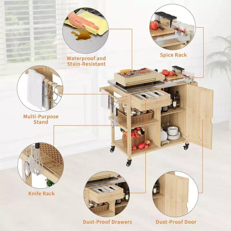 Chariot de barbecue extérieur en bois avec plateau en acier inoxydable, armoire de rangement et roues verrouillables.