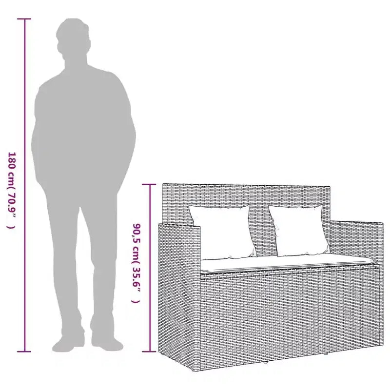 Canapé double d'extérieur/banc de terrasse avec coussins, en rotin polyester.