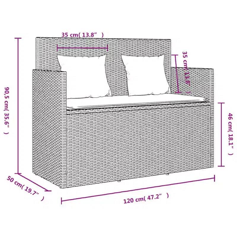 Canapé double d'extérieur/banc de terrasse avec coussins, en rotin polyester.
