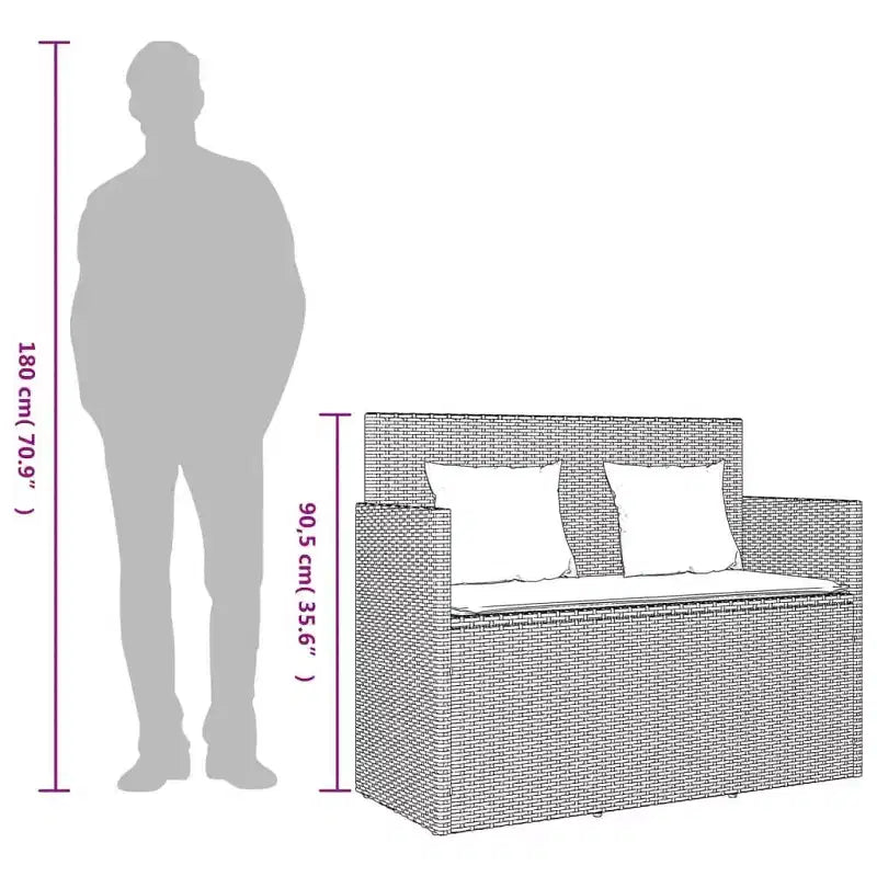 Canapé double d'extérieur/banc de terrasse avec coussins, en rotin polyester.