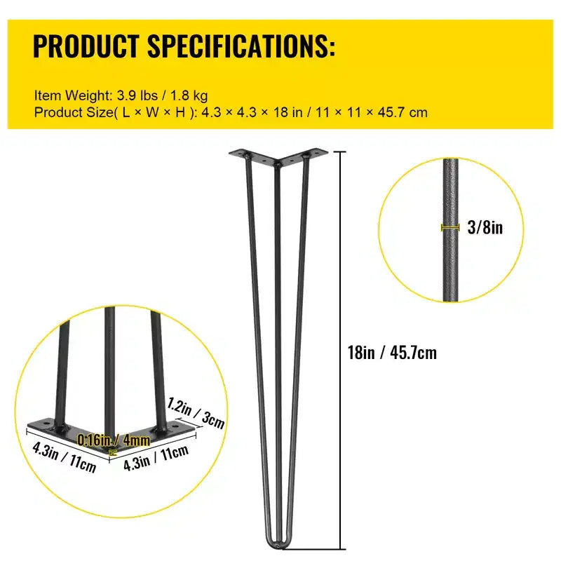 Pieds de table épingles, 18 pouces, noirs, lot de 4, capacité de charge de 880 livres (220 livres par pied); Pieds de table épingles, 3 tiges, acier au carbone, noirs.