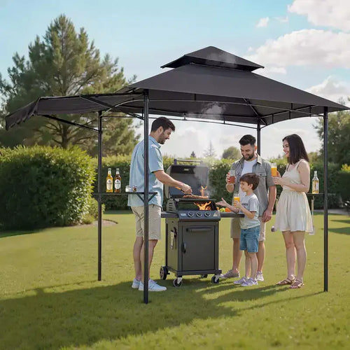Tonnelle barbecue, toit double couche 8 x 5 pieds avec auvent supplémentaire, auvent de terrasse en acier thermolaqué avec 2 cadres latéraux, gris foncé.
