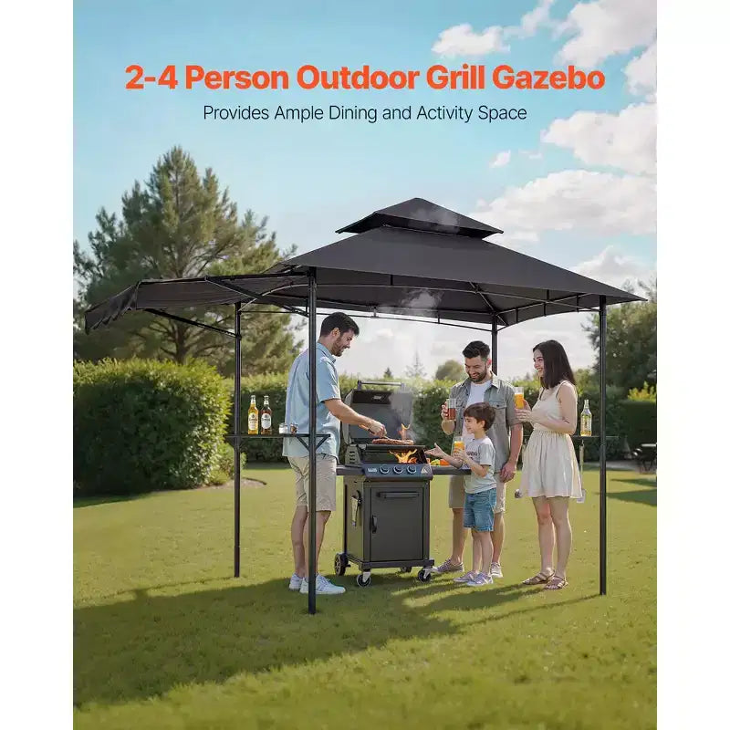 Tonnelle barbecue, toit double couche 8 x 5 pieds avec auvent supplémentaire, auvent de terrasse en acier thermolaqué avec 2 cadres latéraux, gris foncé.