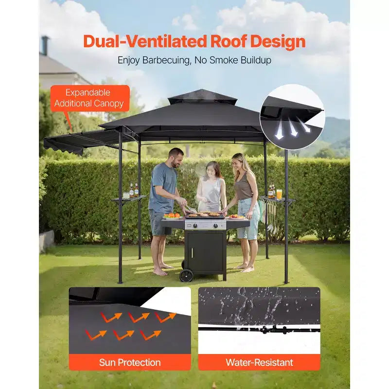 Tonnelle barbecue, toit double couche 8 x 5 pieds avec auvent supplémentaire, auvent de terrasse en acier thermolaqué avec 2 cadres latéraux, gris foncé.