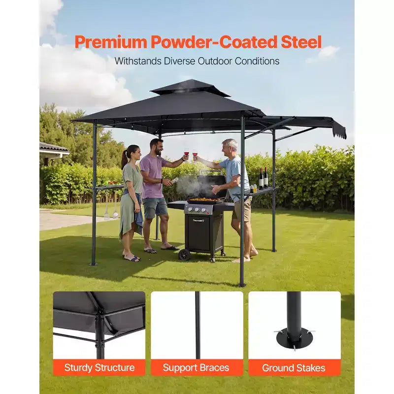 Tonnelle barbecue, toit double couche 8 x 5 pieds avec auvent supplémentaire, auvent de terrasse en acier thermolaqué avec 2 cadres latéraux, gris foncé.