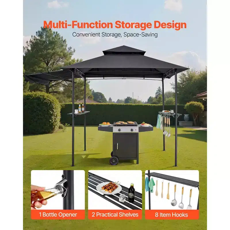 Tonnelle barbecue, toit double couche 8 x 5 pieds avec auvent supplémentaire, auvent de terrasse en acier thermolaqué avec 2 cadres latéraux, gris foncé.