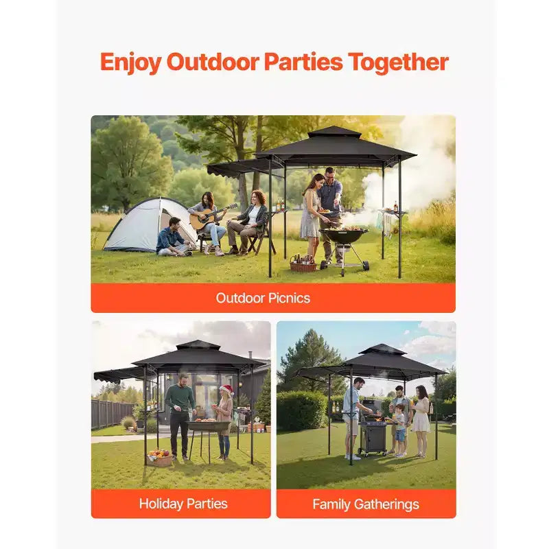 Tonnelle barbecue, toit double couche 8 x 5 pieds avec auvent supplémentaire, auvent de terrasse en acier thermolaqué avec 2 cadres latéraux, gris foncé.