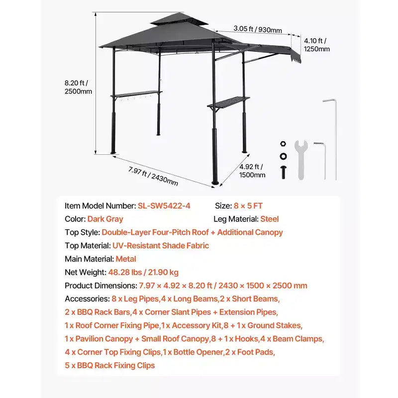 Tonnelle barbecue, toit double couche 8 x 5 pieds avec auvent supplémentaire, auvent de terrasse en acier thermolaqué avec 2 cadres latéraux, gris foncé.