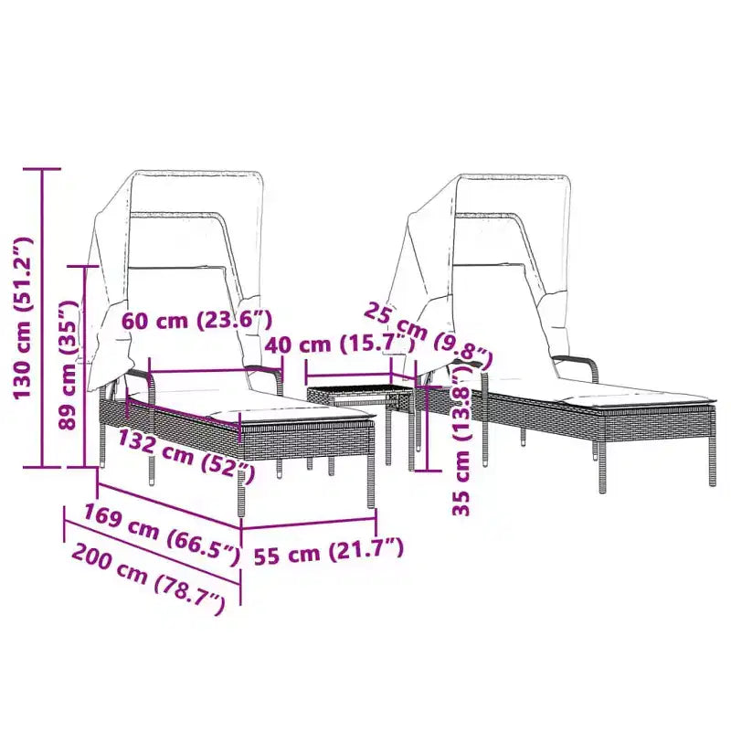 Ensemble de chaises longues d'extérieur avec auvent et table, 2 pièces, en rotin de polyéthylène.