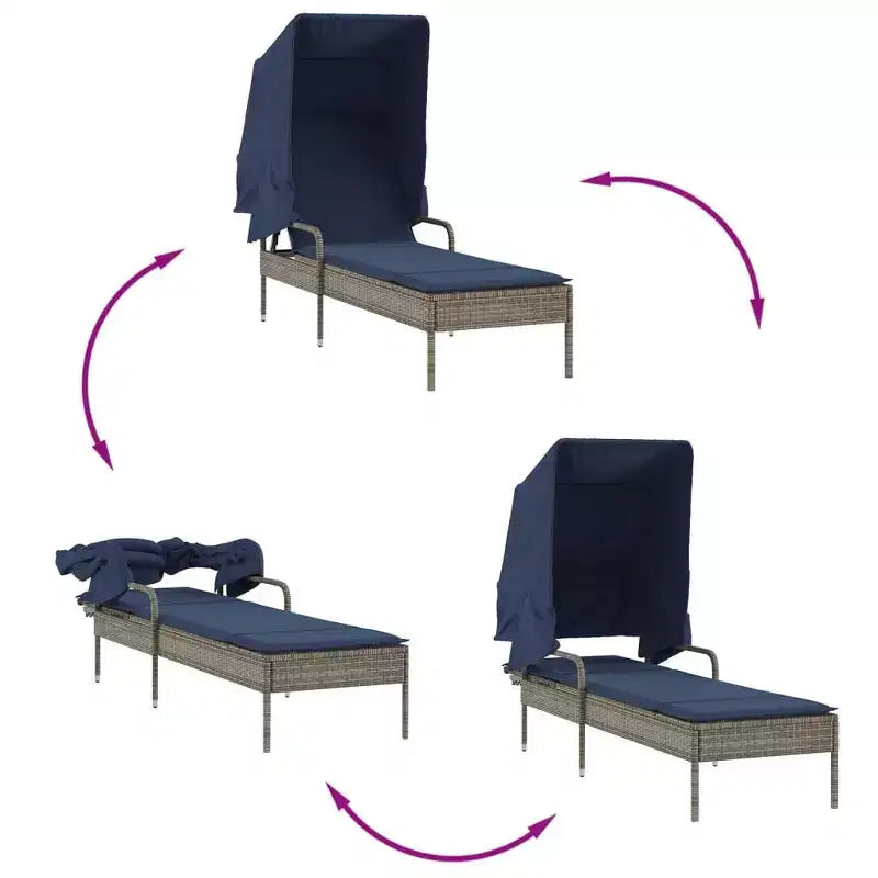 Ensemble de chaises longues d'extérieur avec auvent et table, 2 pièces, en rotin de polyéthylène.