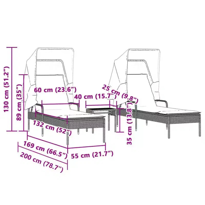 Ensemble de chaises longues d'extérieur avec auvent et table, 2 pièces, en rotin de polyéthylène.