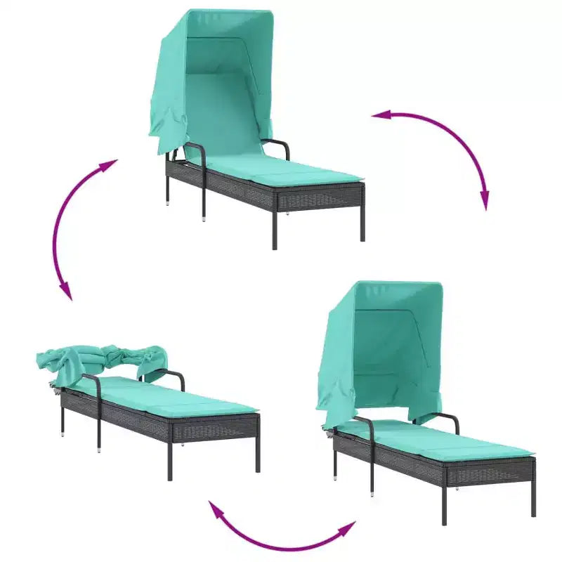 Ensemble de chaises longues d'extérieur avec auvent et table, 2 pièces, en rotin de polyéthylène.