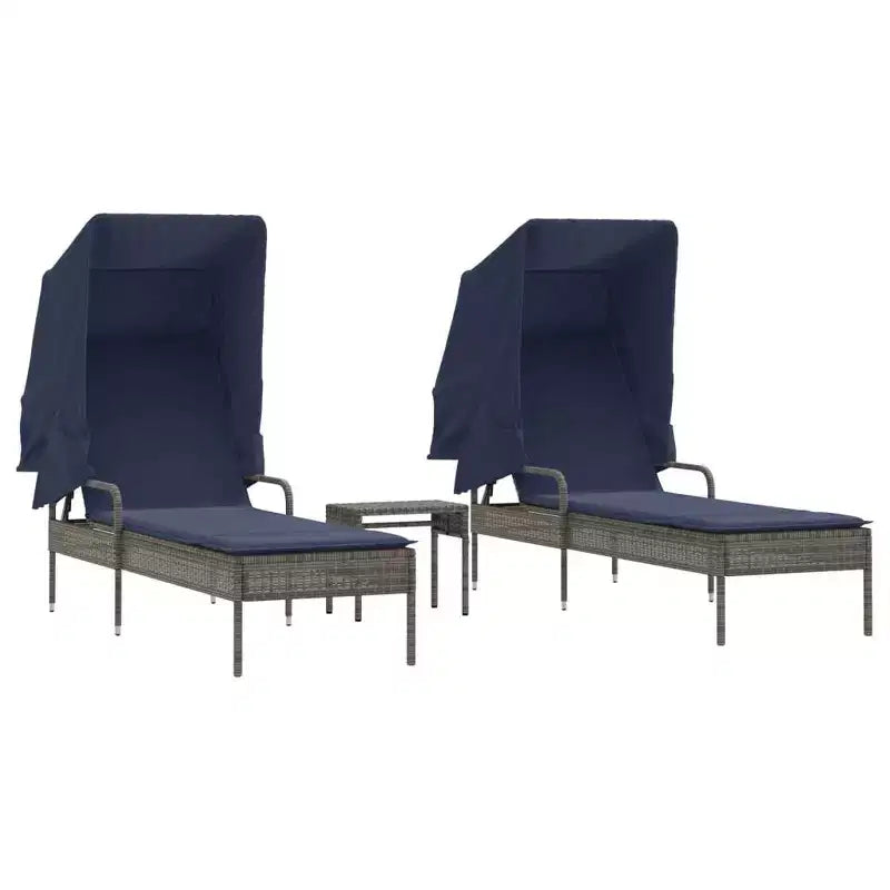 Ensemble de chaises longues d'extérieur avec auvent et table, 2 pièces, en rotin de polyéthylène.